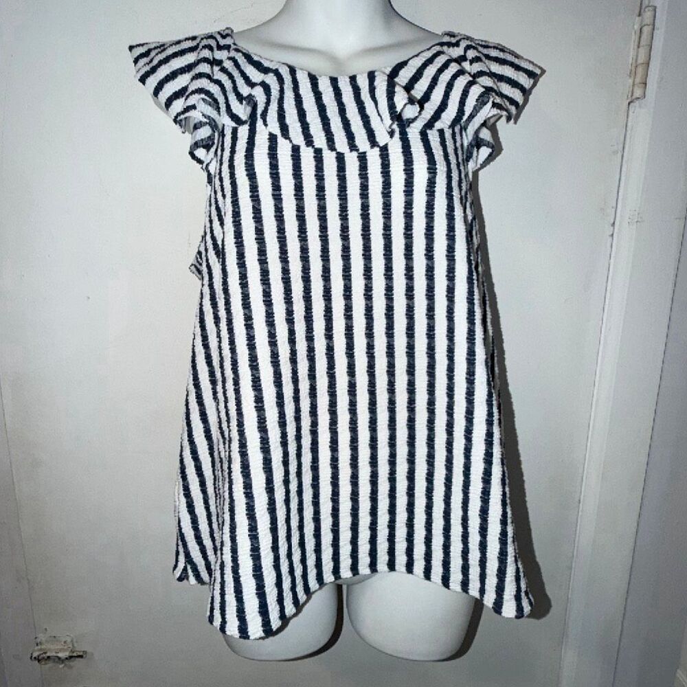 EVA FRANCO Navy Blue Striped Ruffle Sleeveless Top-L